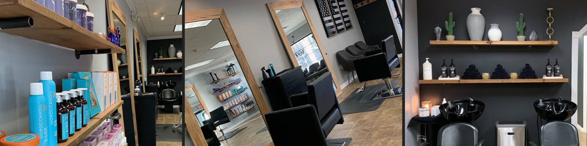 interior view of salon dior. products on wooden shelves, leather stylist chair, full length mirrors, grey walls and tan tile flooring.